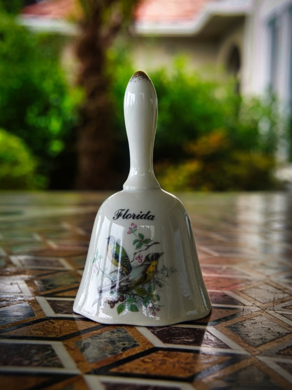 Vintage Florida Souvenir Porcelain Dinner Hand Bell Bird Floral Gold Trim